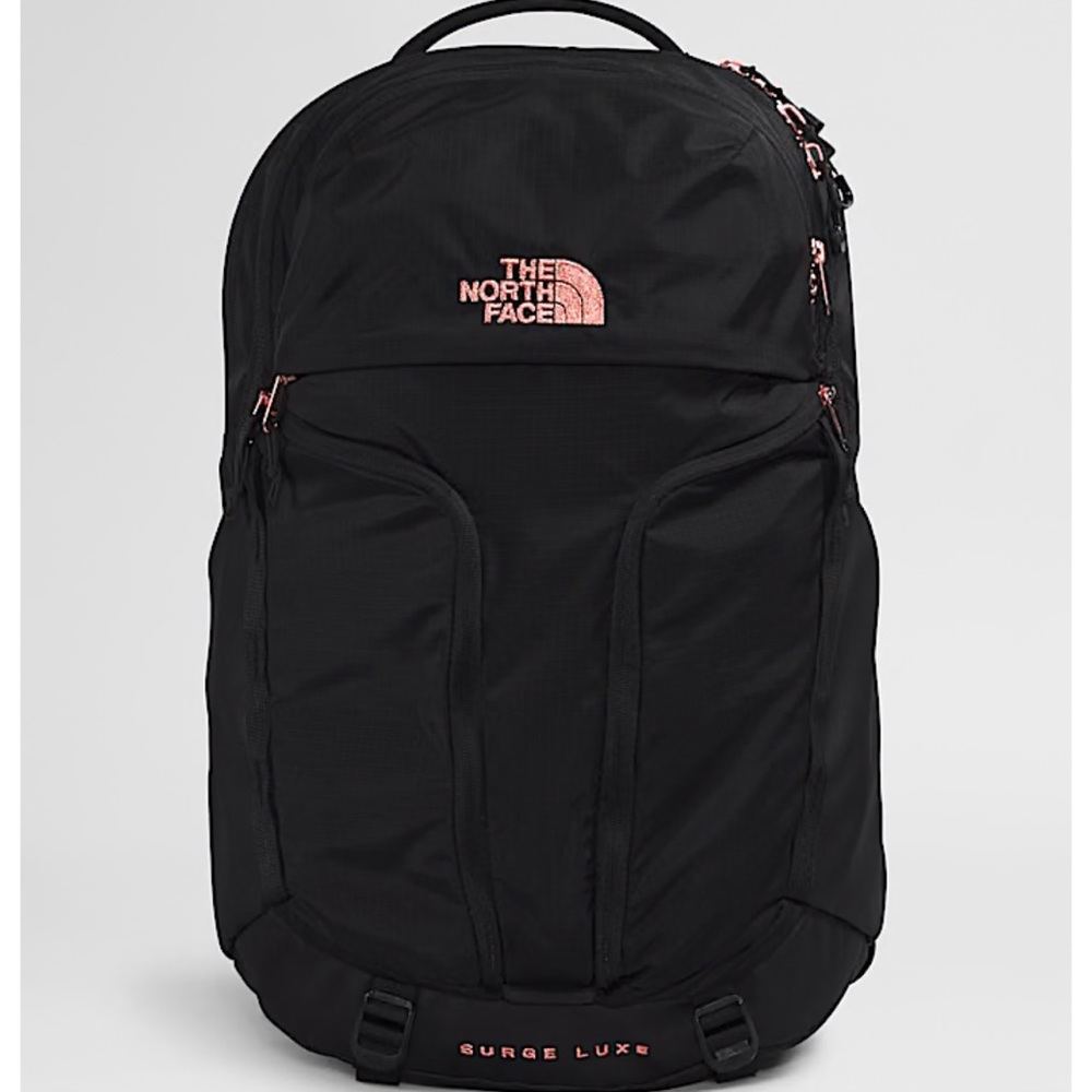 The North Face Surge Luxe Black Backpack with Pink Accents